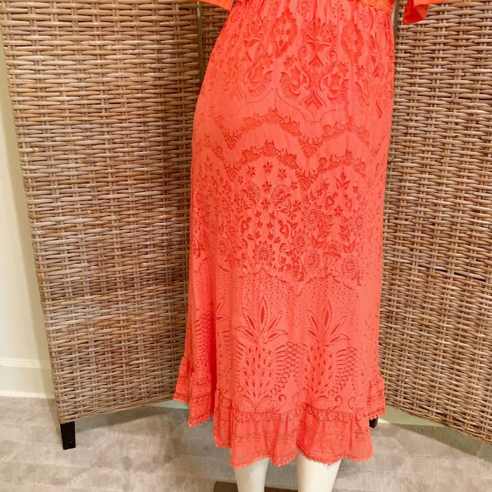 Anthropologie Farm Rio Devore Lace Pink and Orange Maxi Dress V-Neck Small - Picture 7 of 11